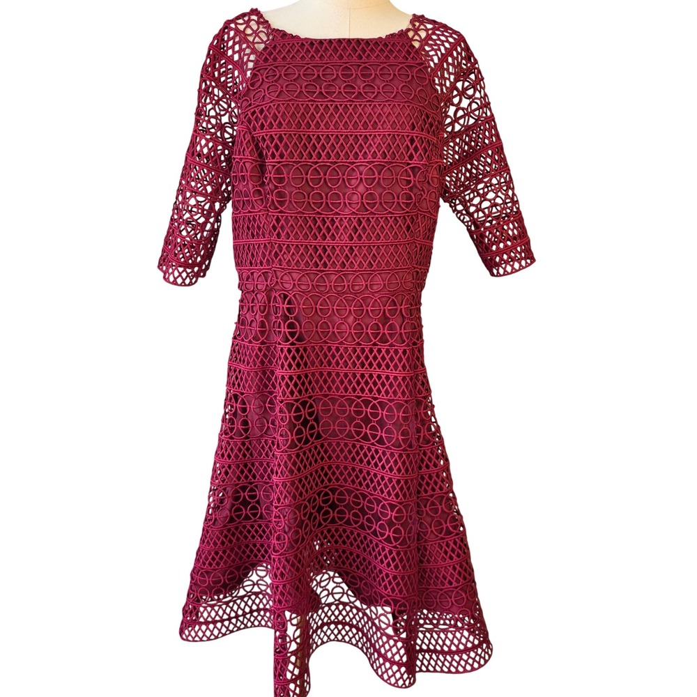 NWT Kay Unger New York Burgundy‎ Eyelet Lace Midi Dress Size 14 Formal Cocktail